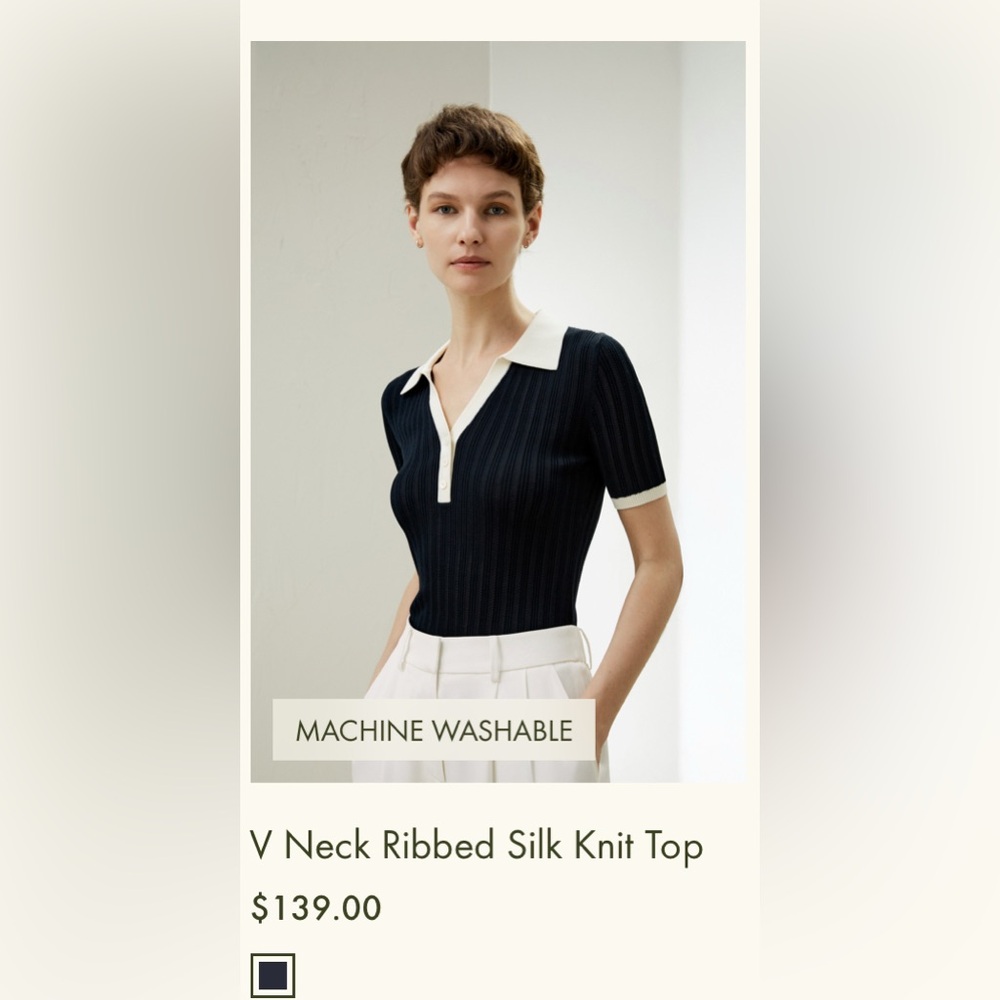 Silk Navy and White Collared Rib Knit Top - Picture 4 of 8